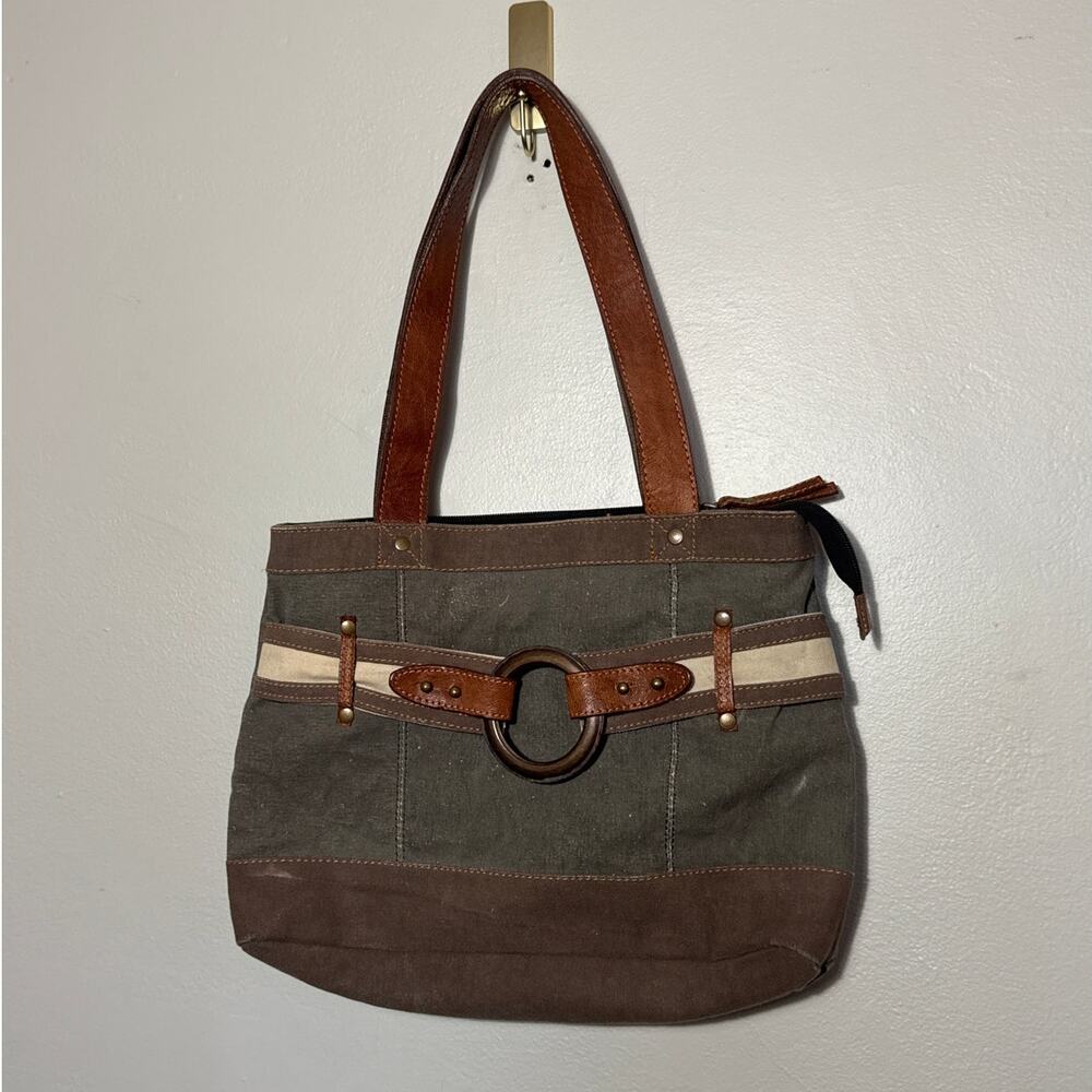 Mona B Brass Buckle Shoulder Bag Brown Army Green Distressed Leather Trim